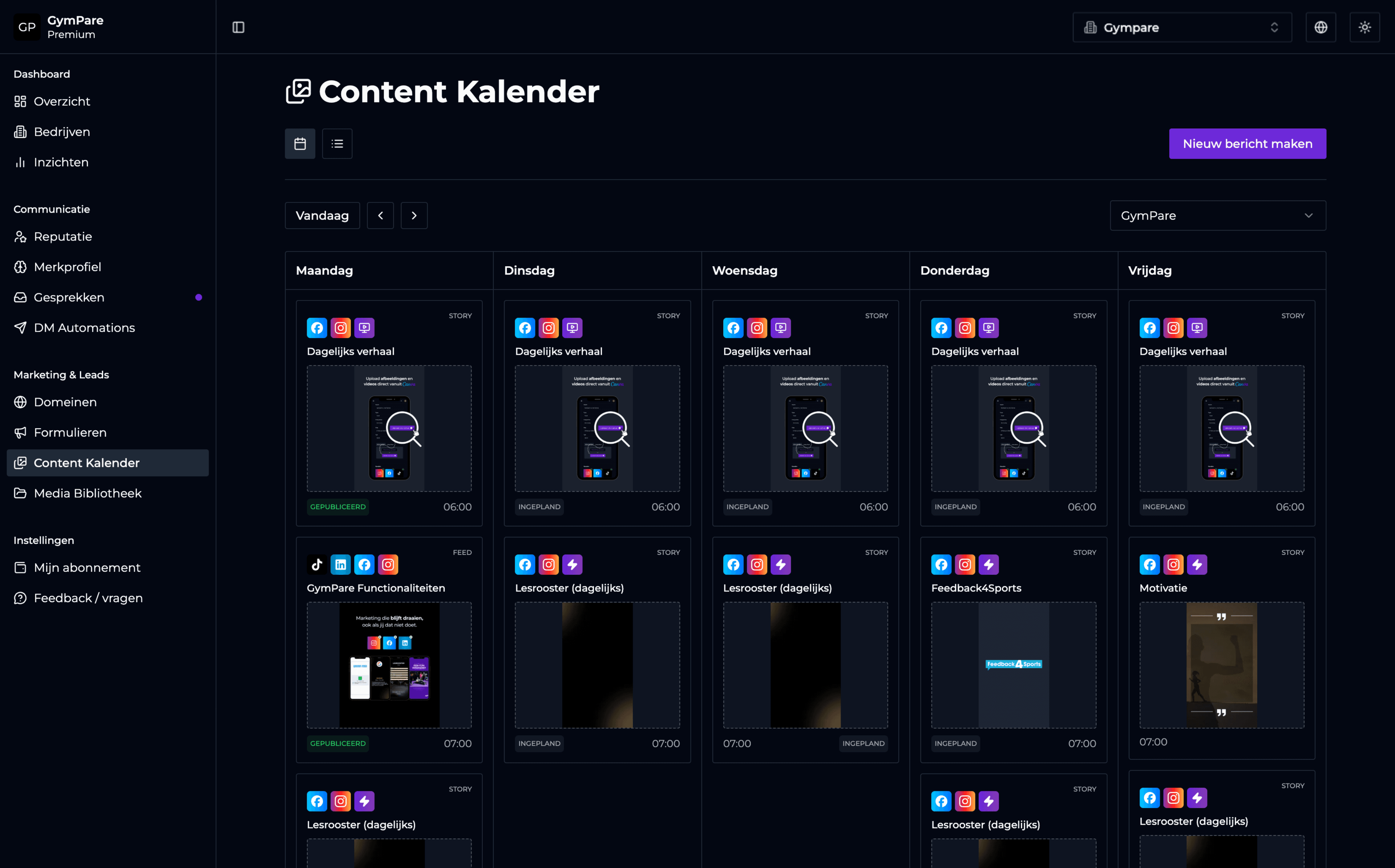 GymPare dashboard met content kalender
