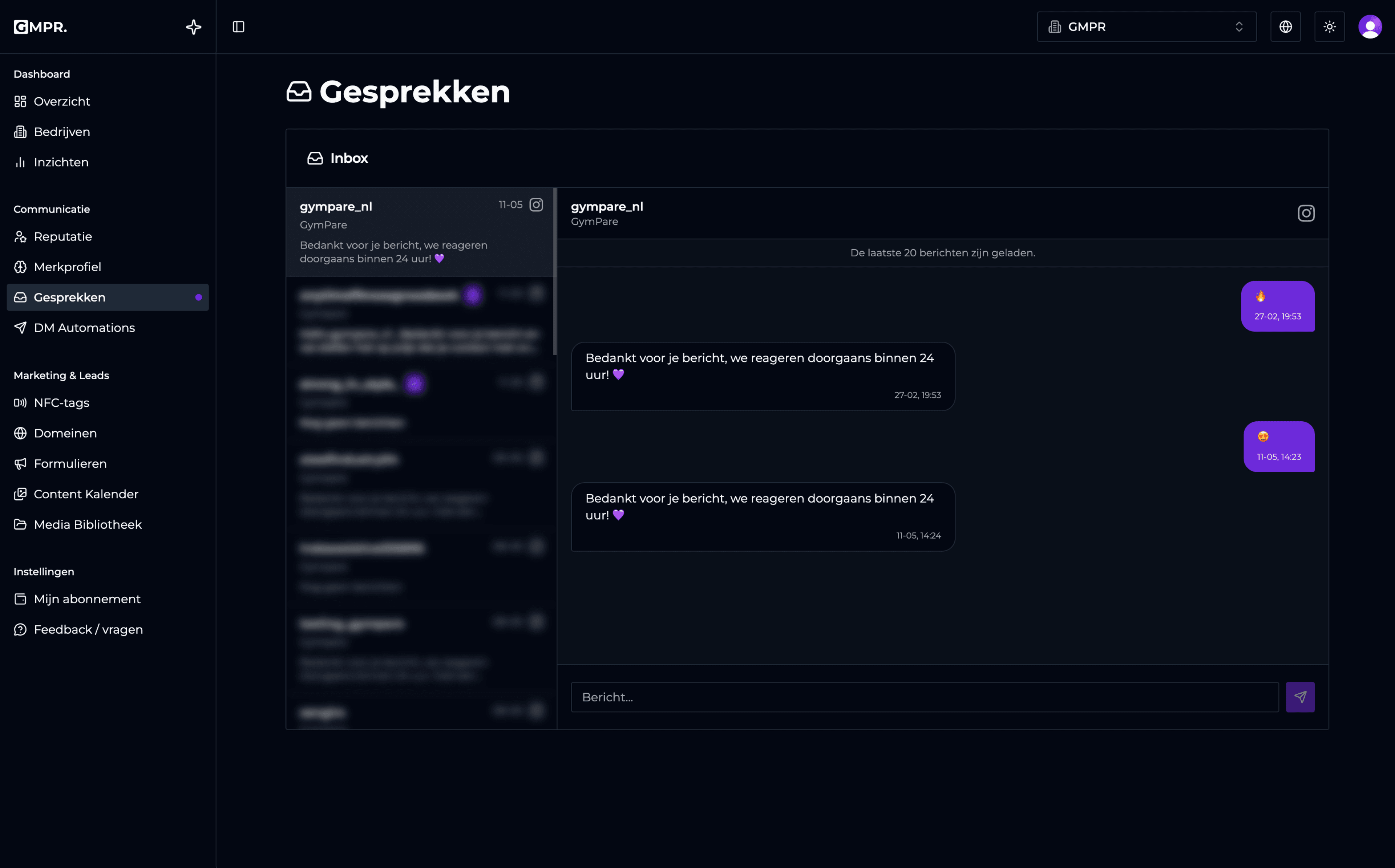 GymPare dashboard met gesprekken
