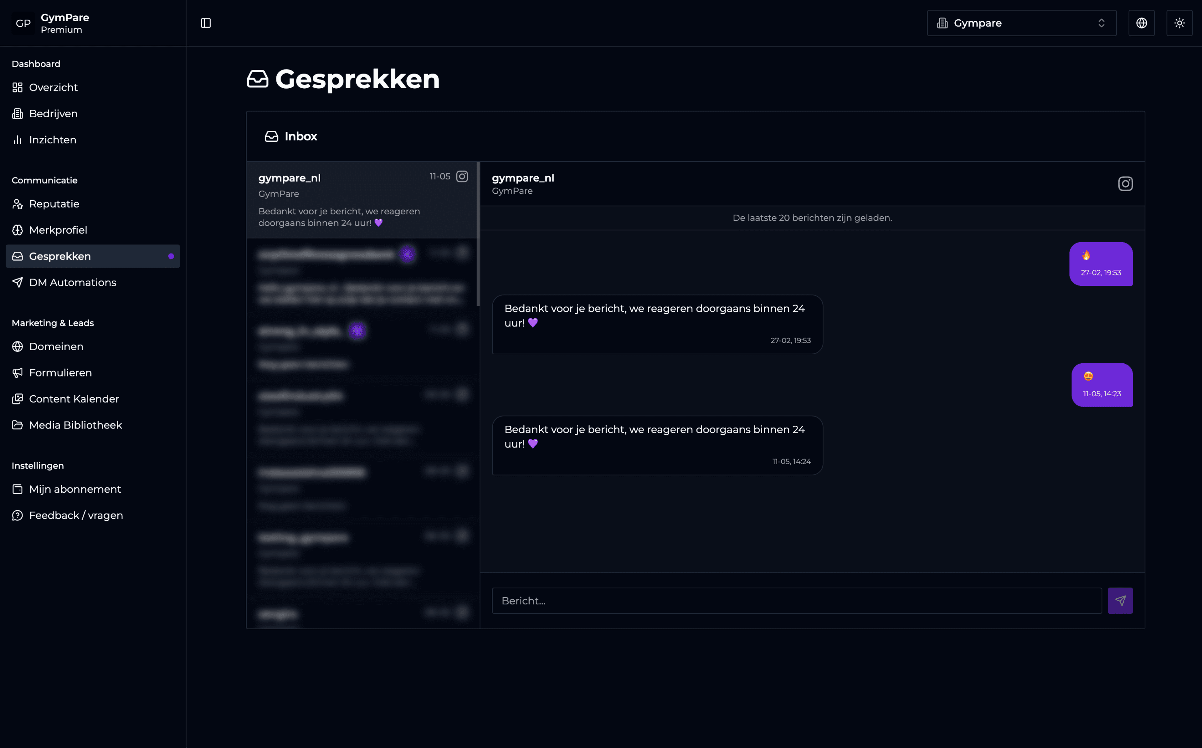 GymPare dashboard met gesprekken