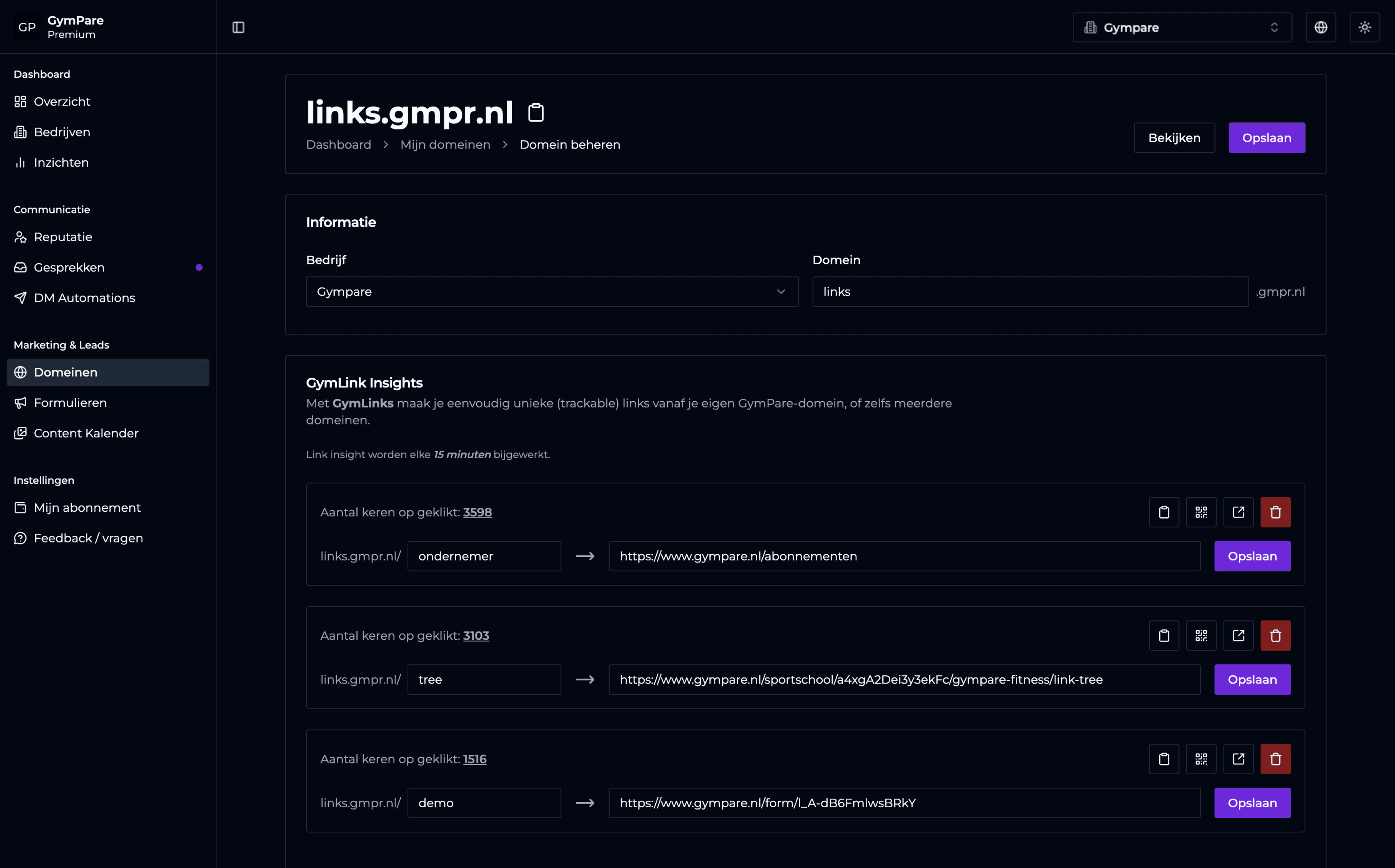 GymPare dashboard met domeinen