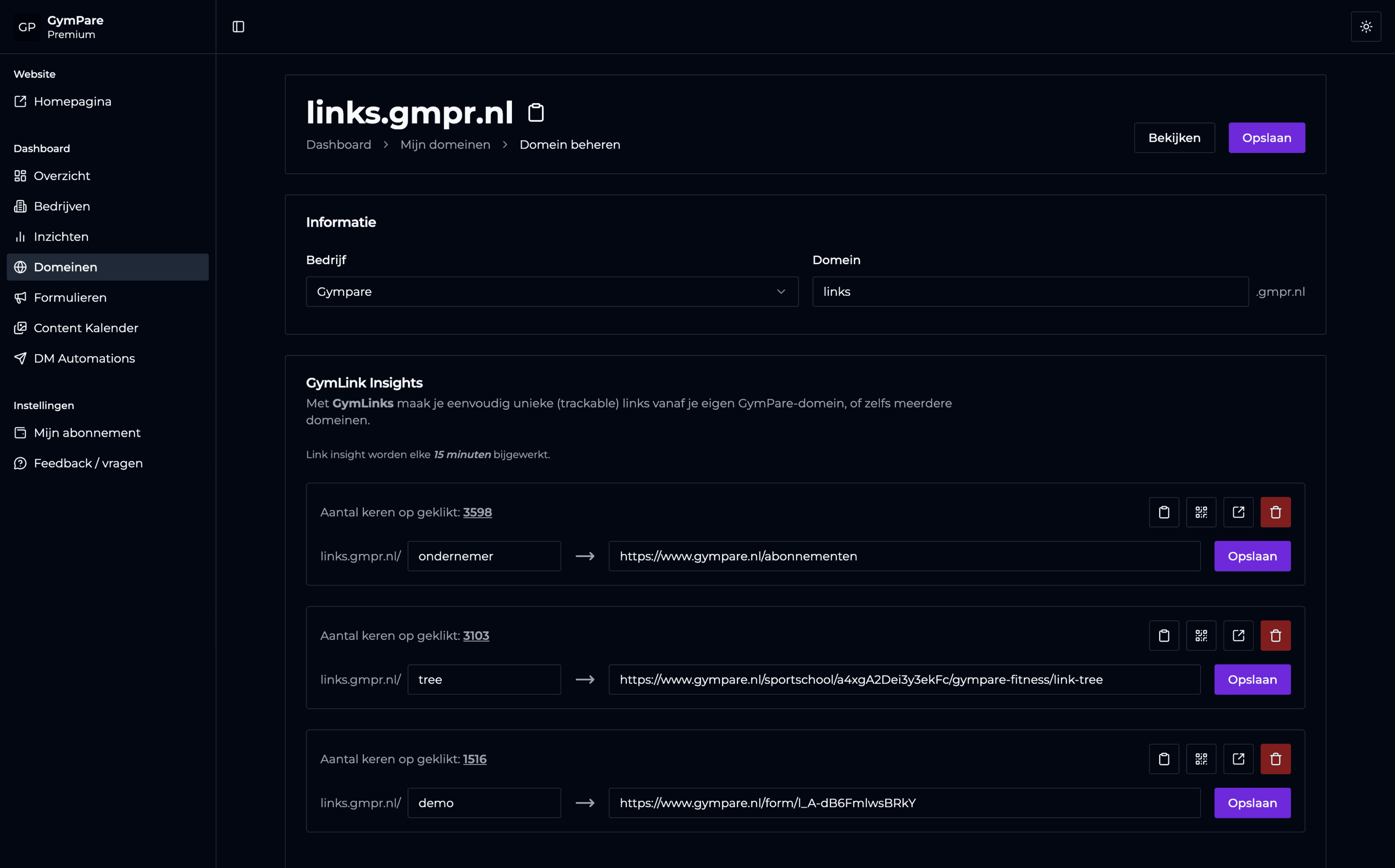 GymPare dashboard met domeinen