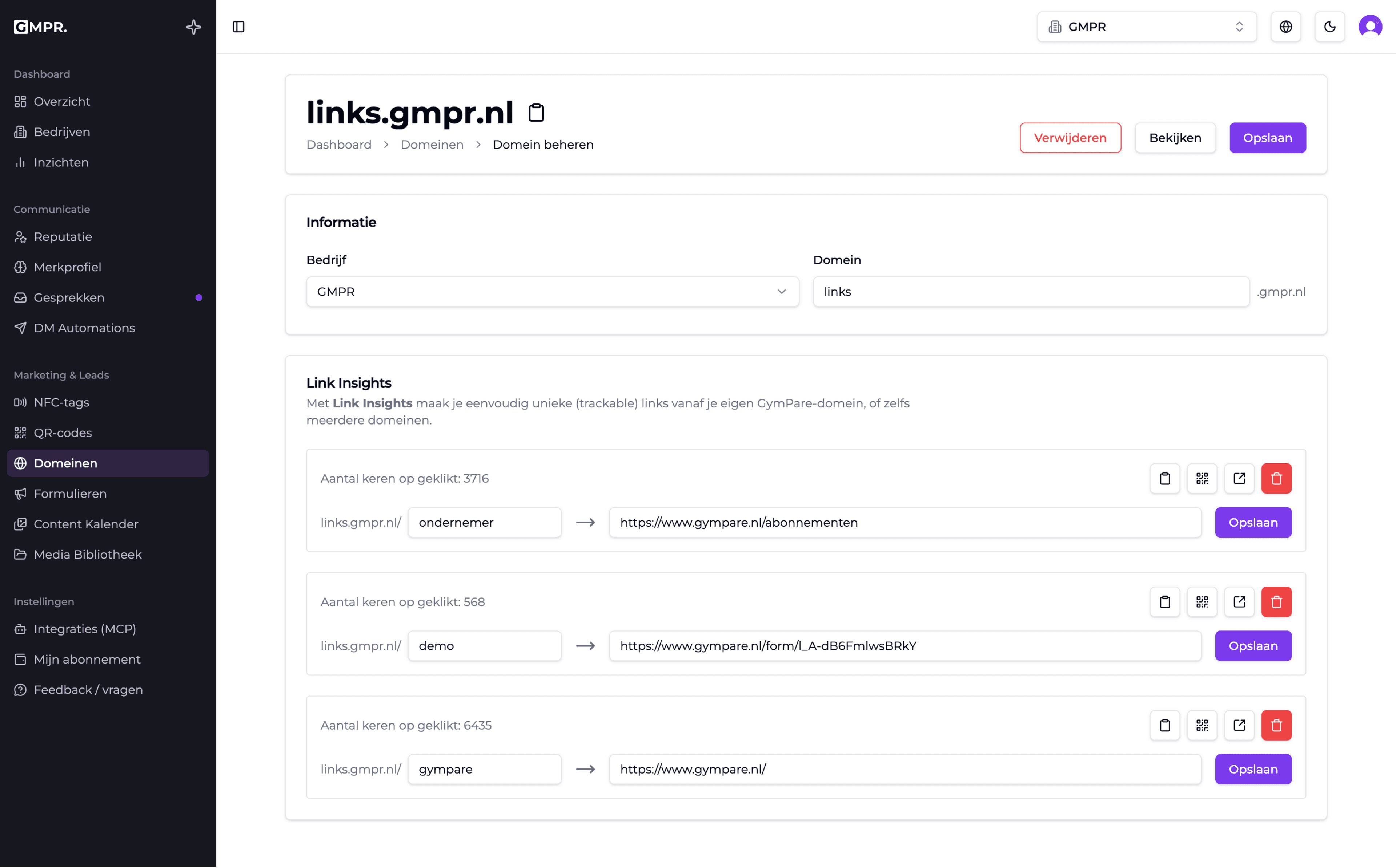 GymPare dashboard met domeinen