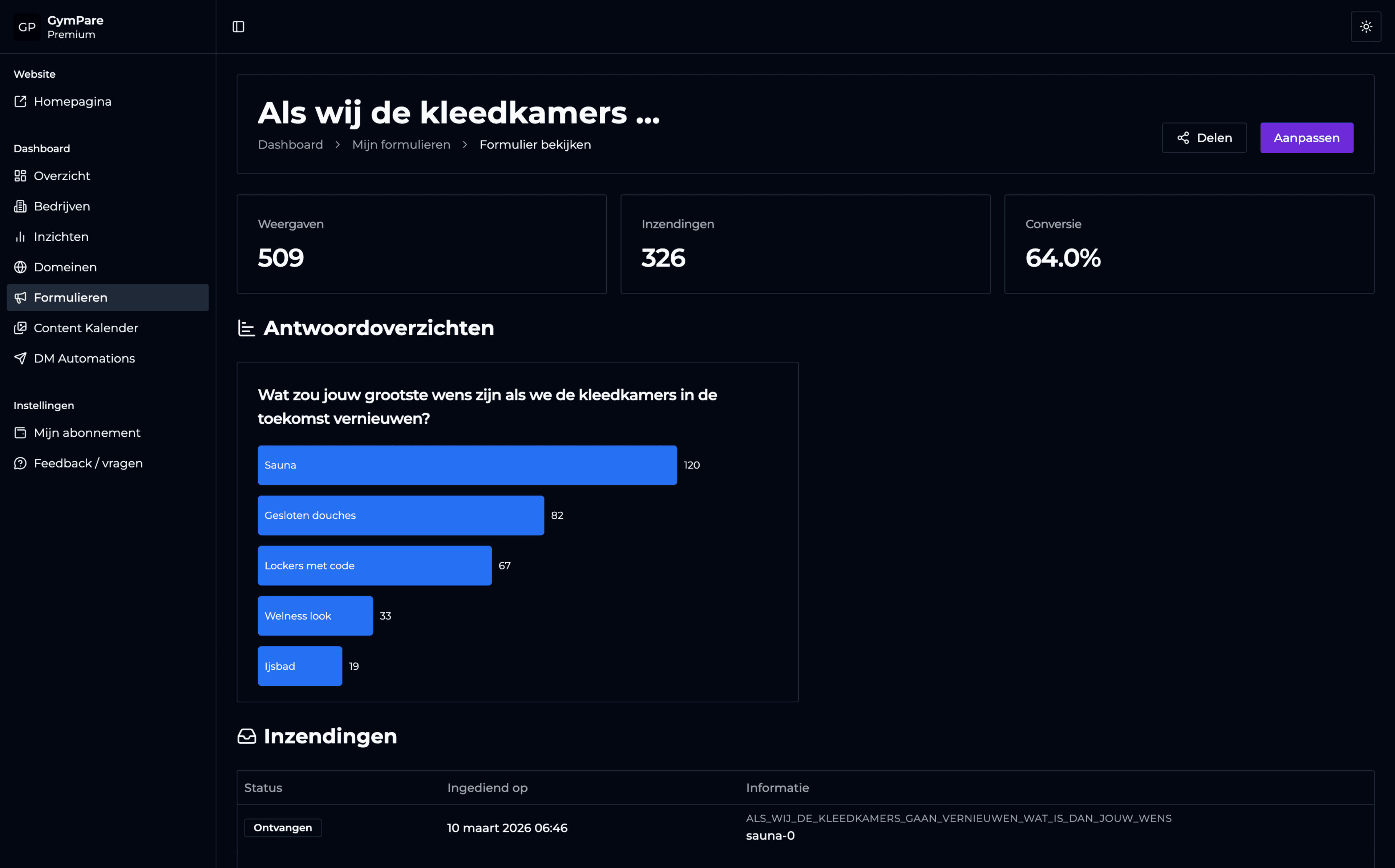 GymPare dashboard met formulieren
