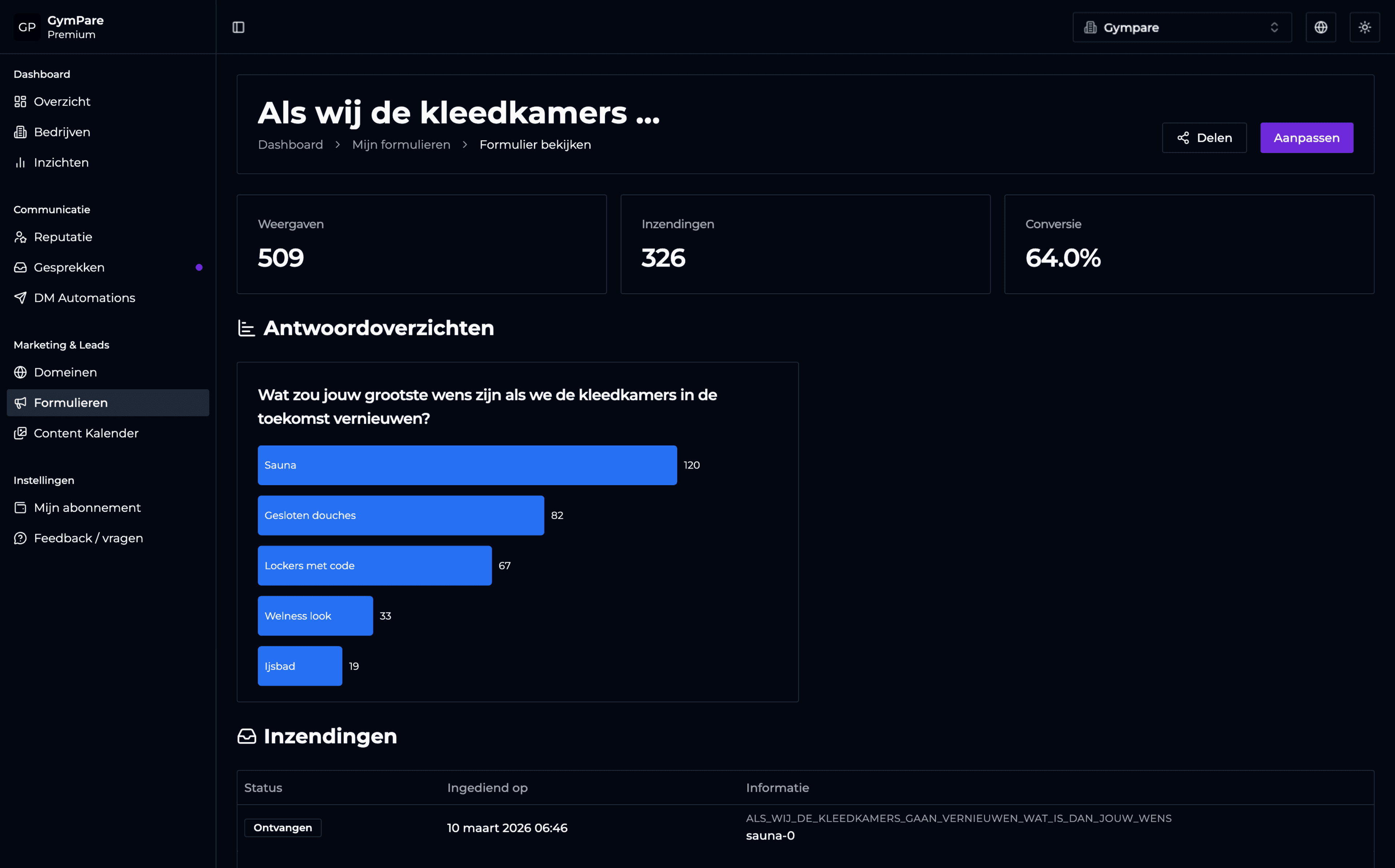 GymPare dashboard met formulieren