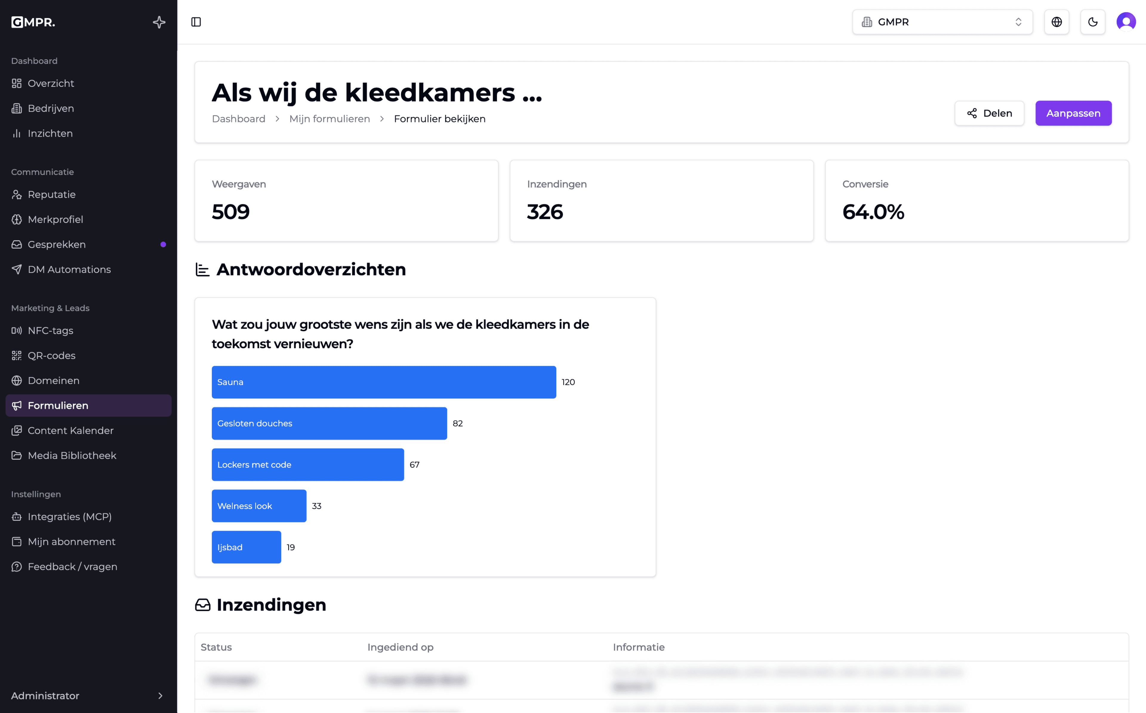 GymPare dashboard met formulieren
