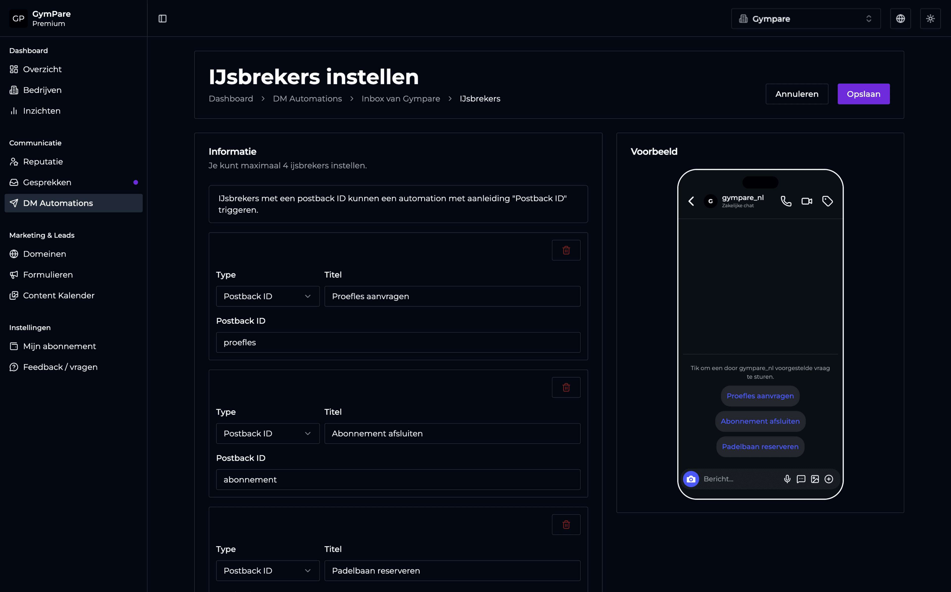 GymPare dashboard met DM automations