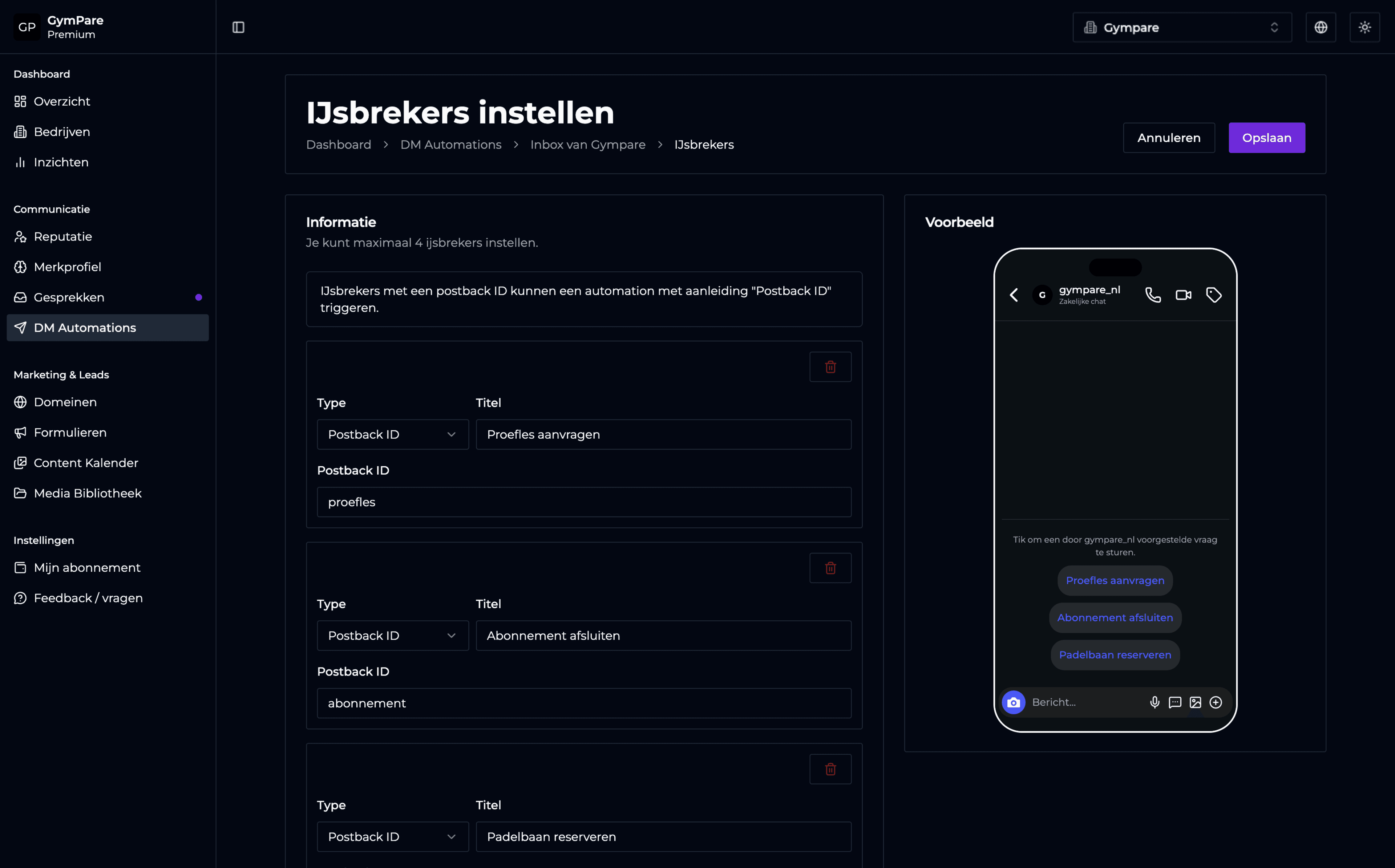 GymPare dashboard met DM automations