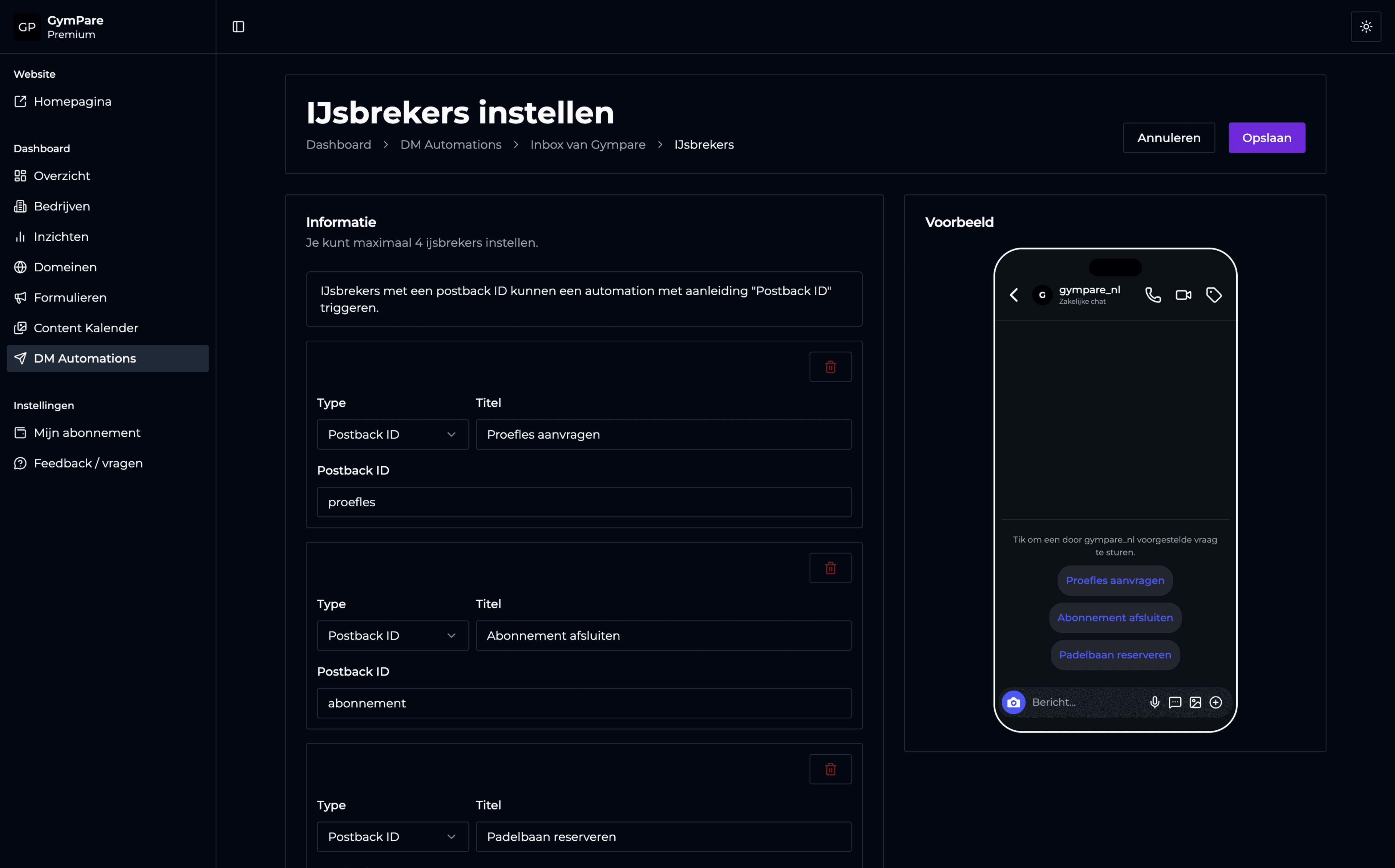 GymPare dashboard met DM automations