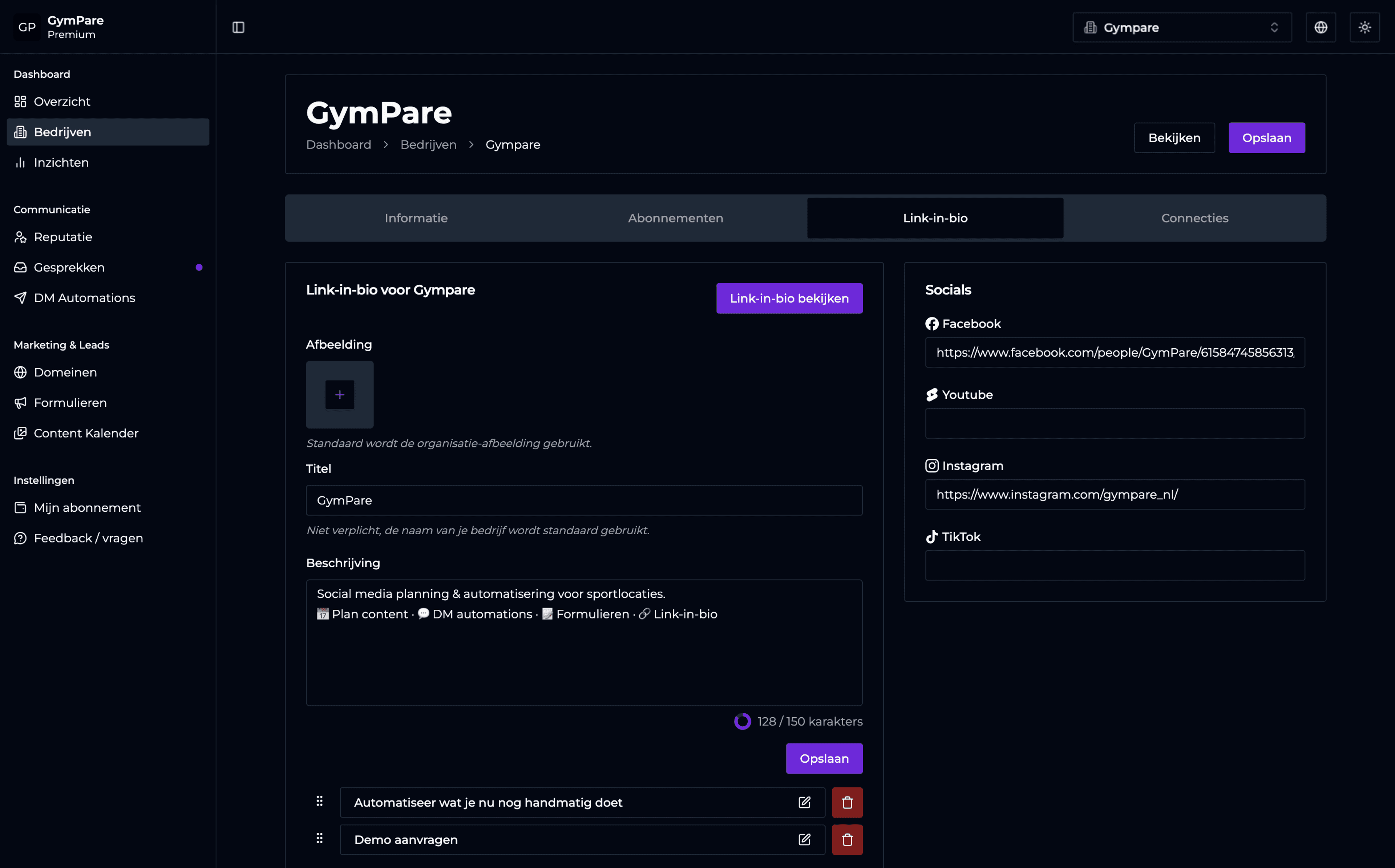 GymPare dashboard met link-in-bio