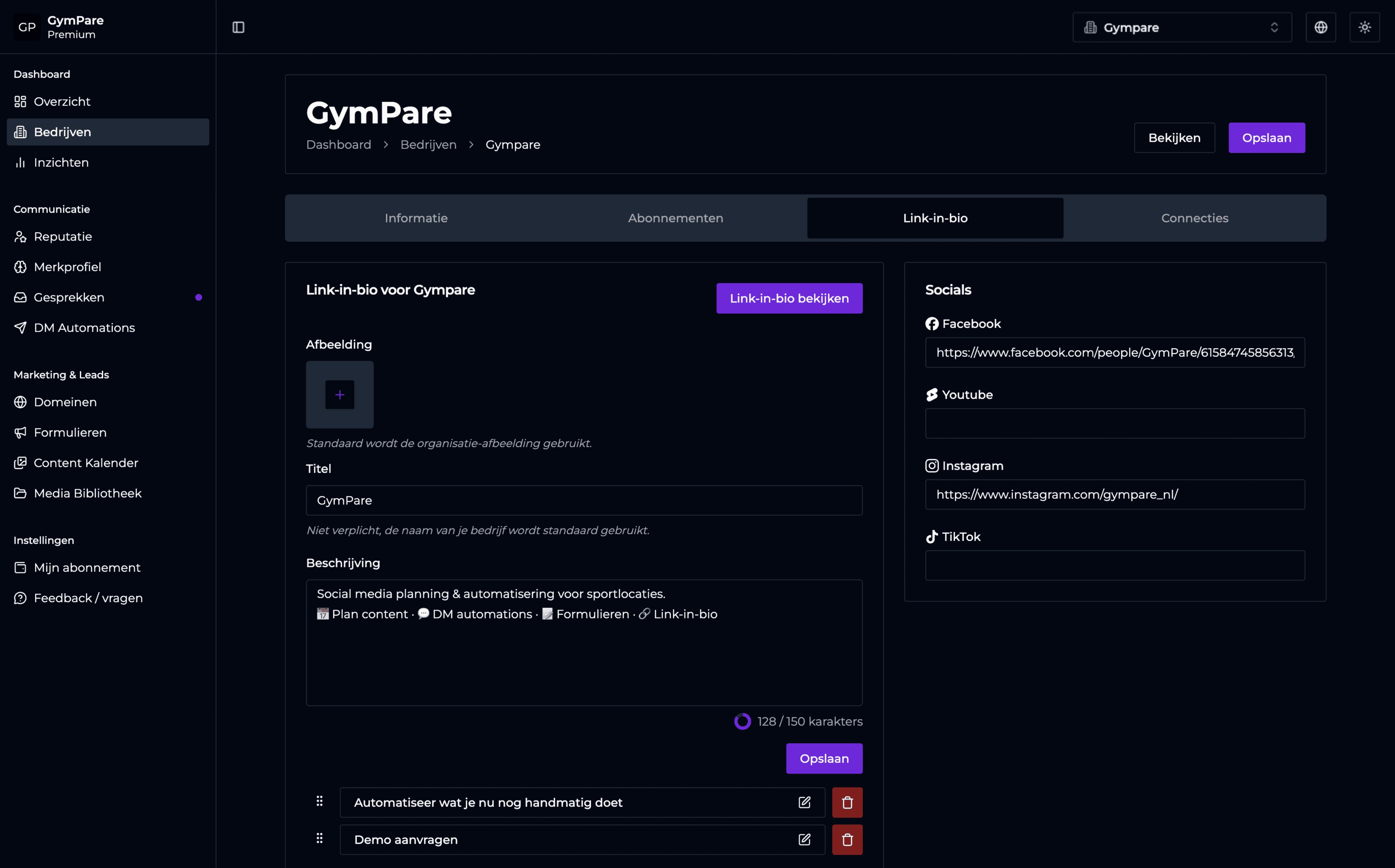 GymPare dashboard met link-in-bio