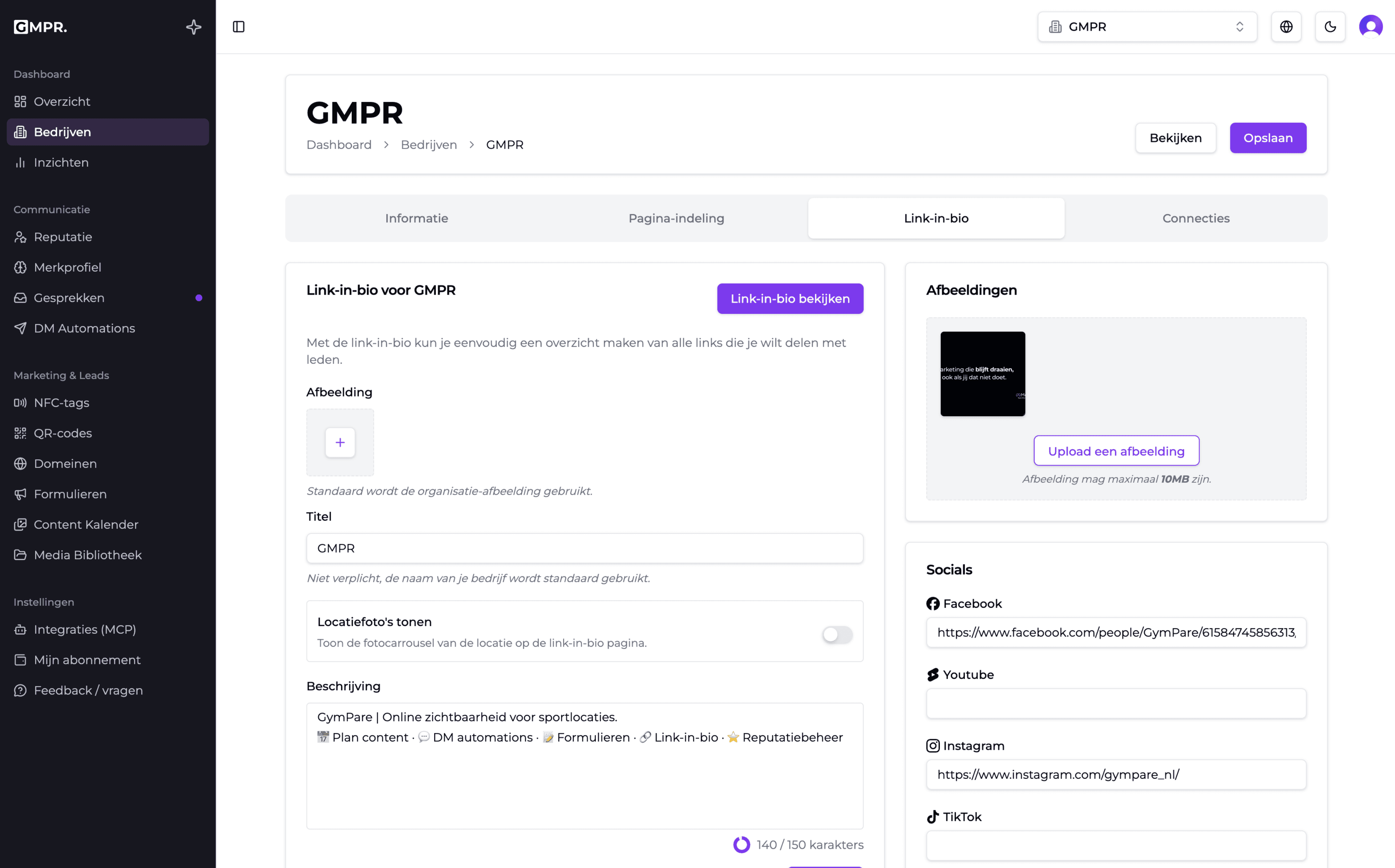 GymPare dashboard met link-in-bio