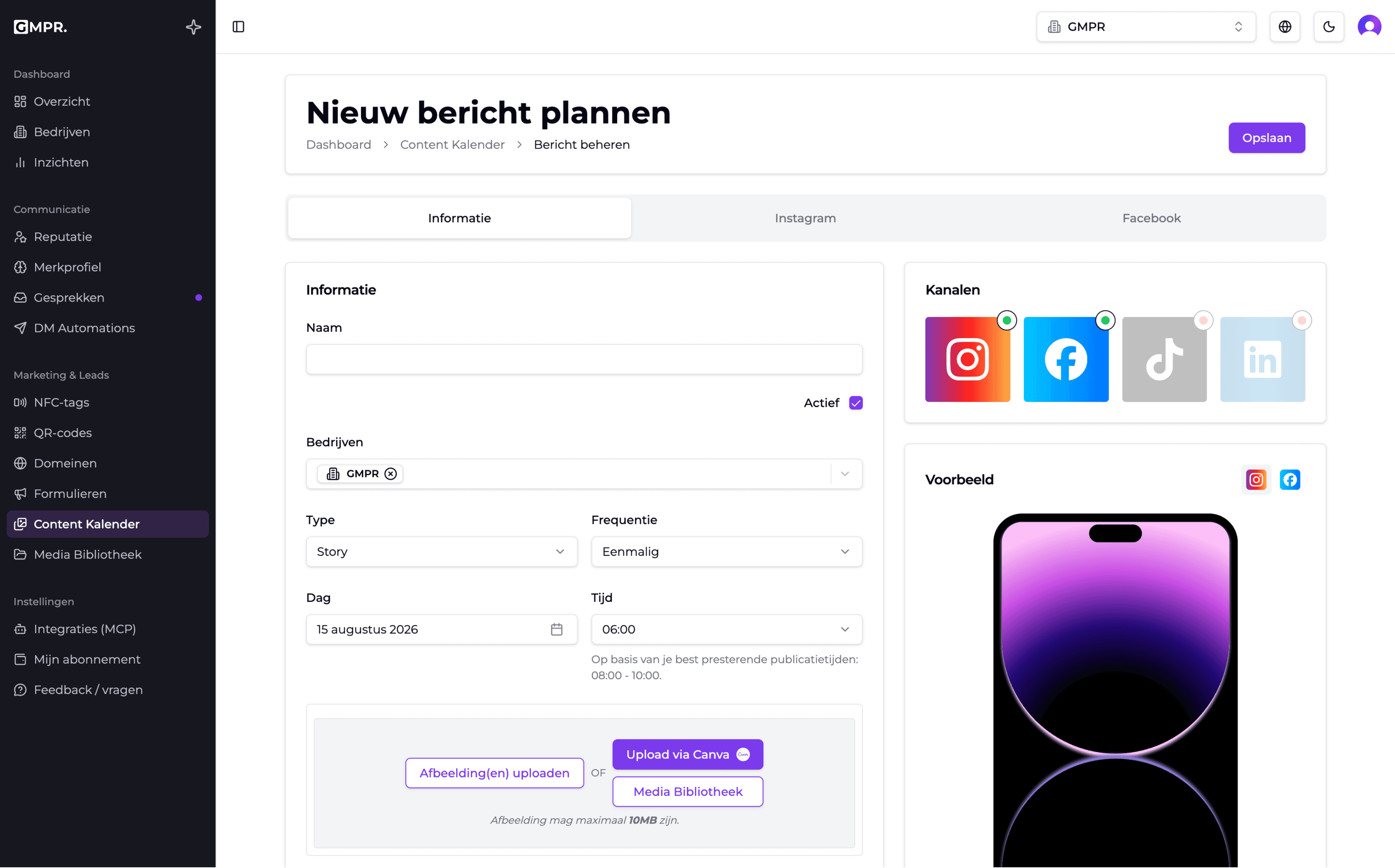 GymPare dashboard met nieuw bericht plannen
