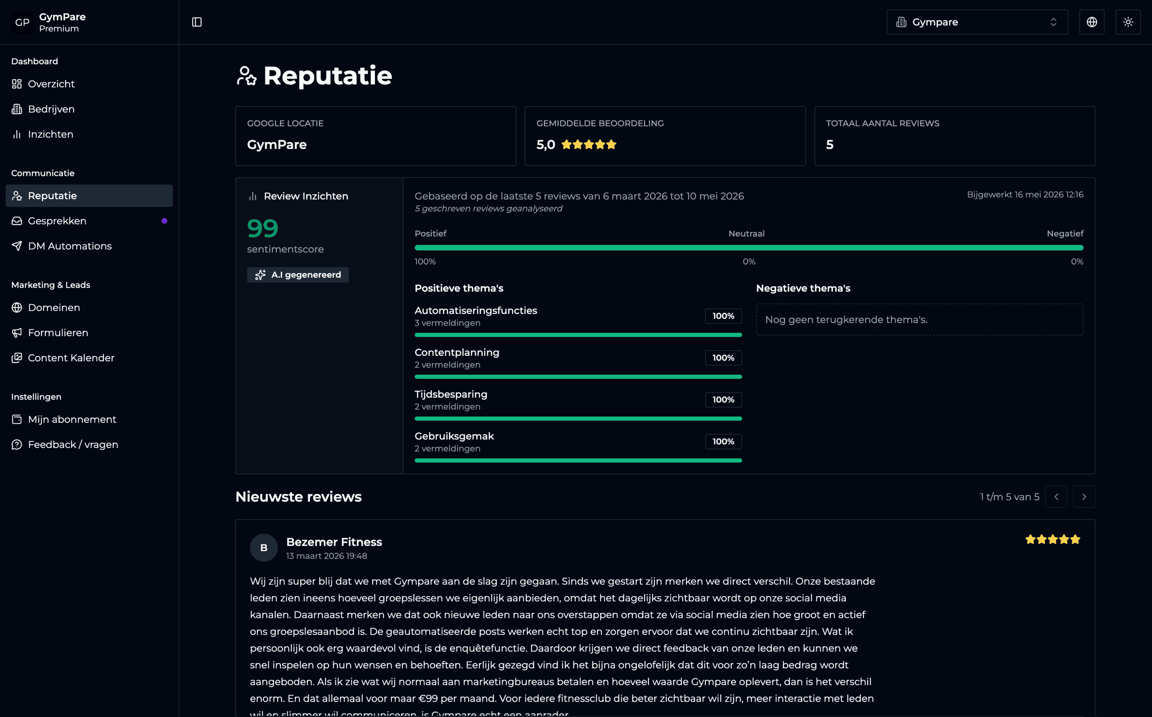 GymPare dashboard met review beheer