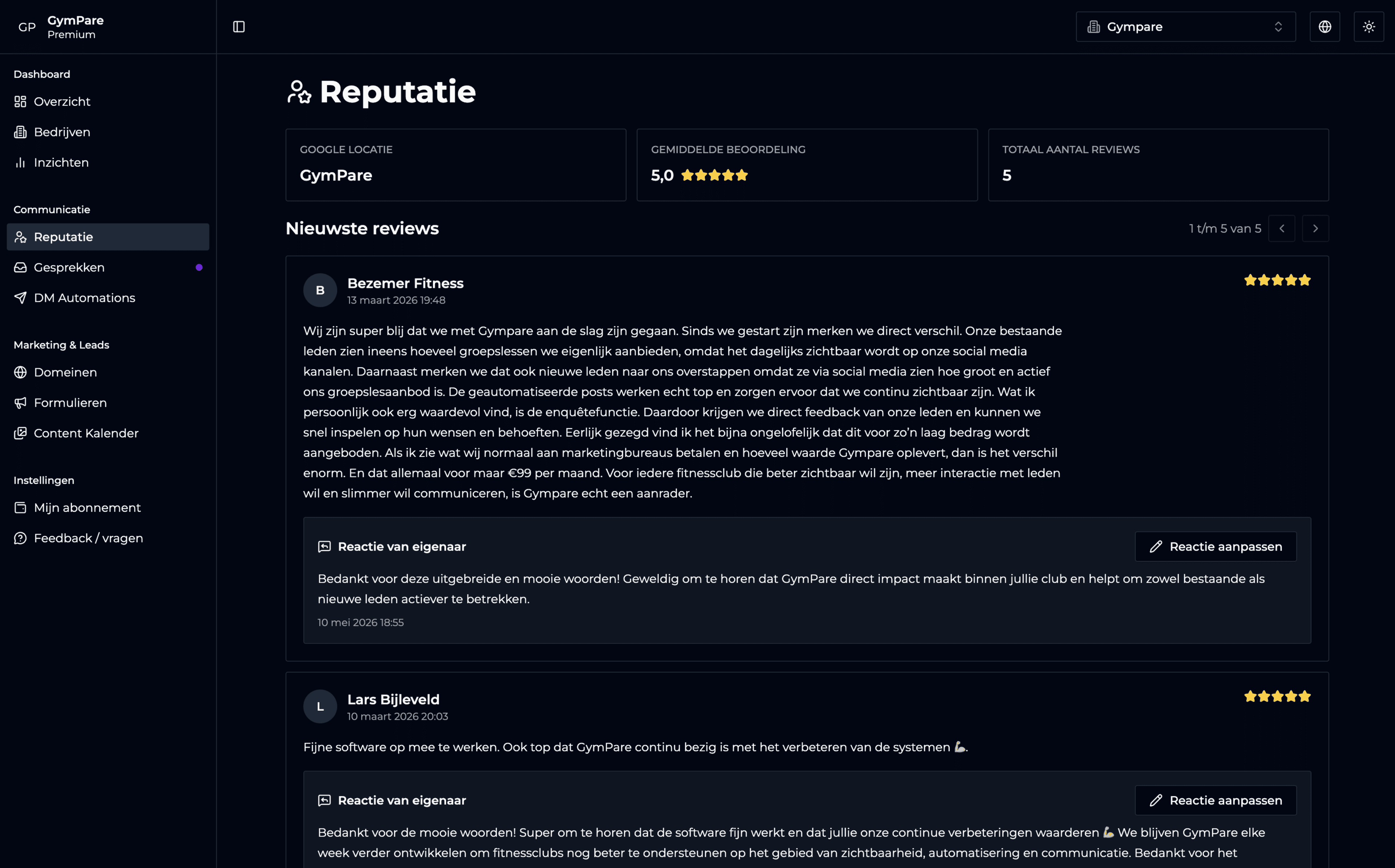 GymPare dashboard met review beheer