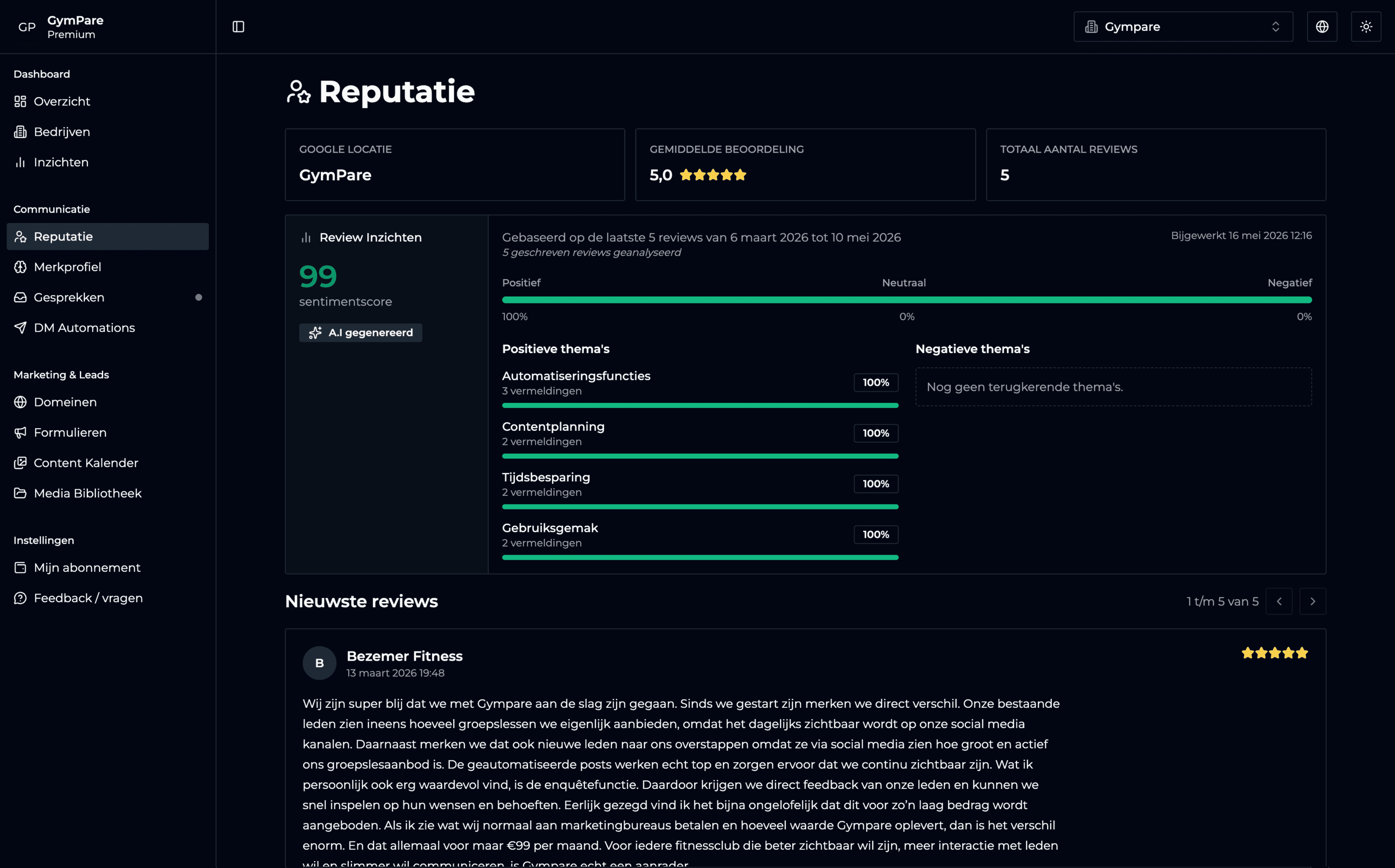 GymPare dashboard met review beheer